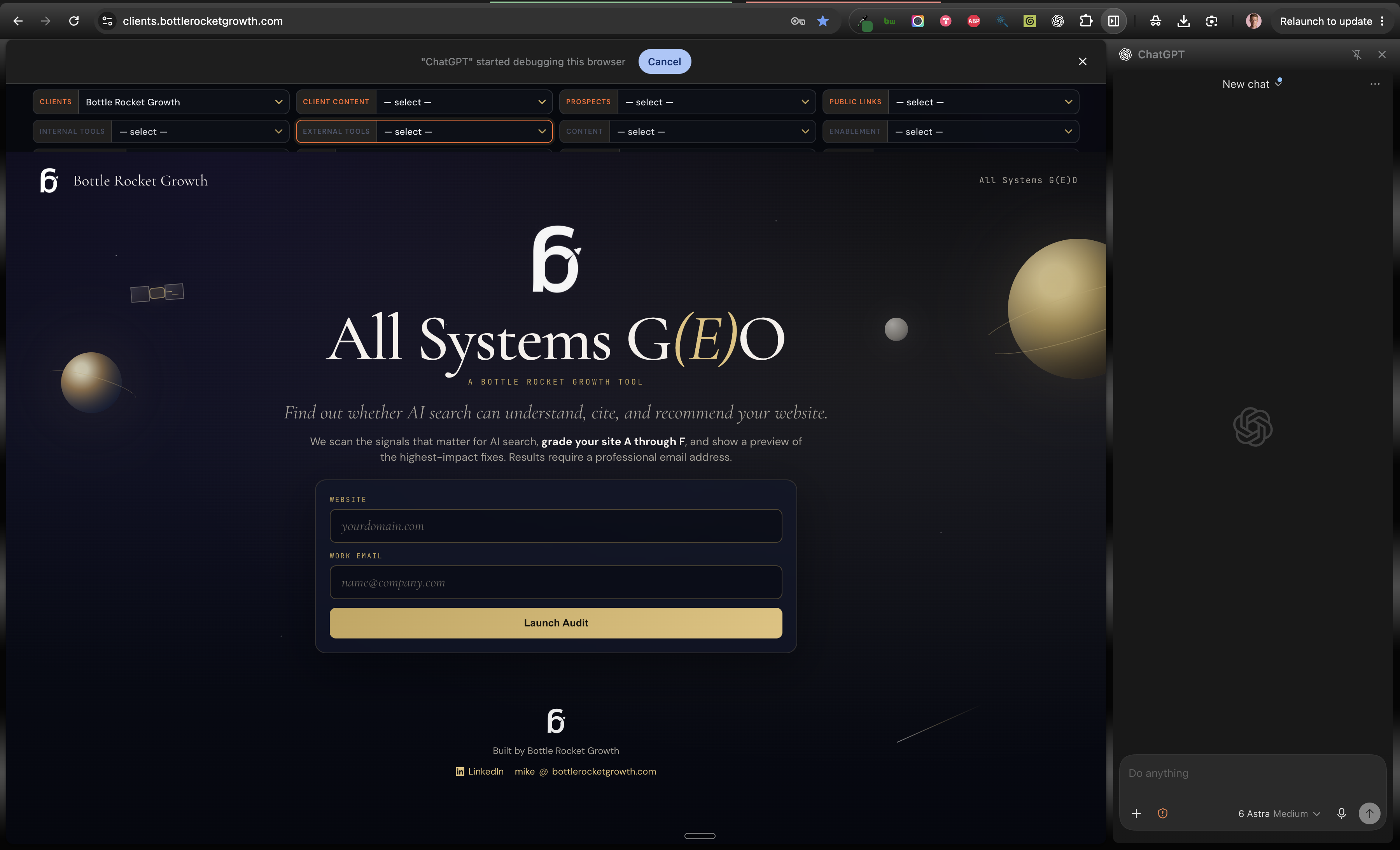 All Systems G(E)O website audit with a space-themed header and website and work-email form